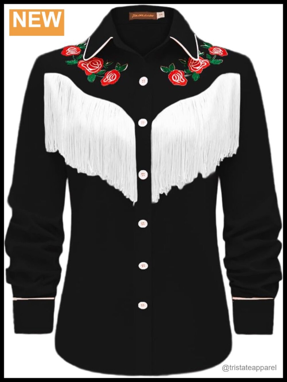 Western Cowgirl Fringe Shirt Long Sleeve Floral Embroidered Snap Collar Boho